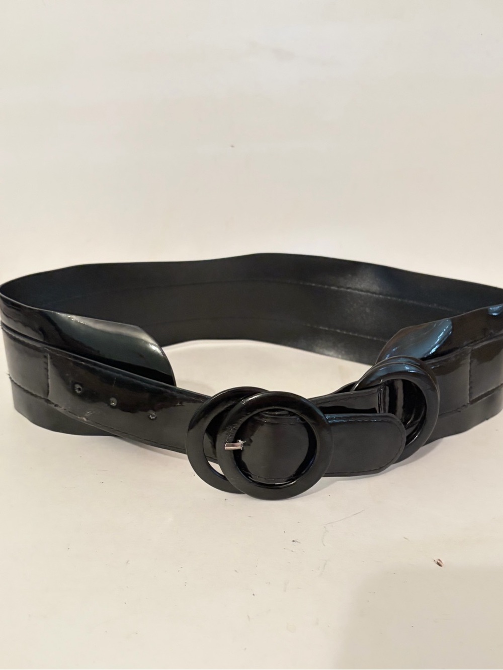 Black Patent Faux Leather Wide Belt Bold Circular Buckle Double Ring Detail